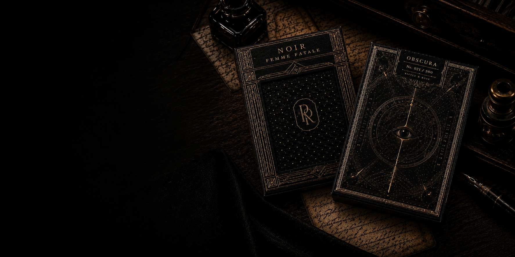 Riffle & Ruse editions arranged with a magnifying glass, inkwell, and pocket watch on dark wood
