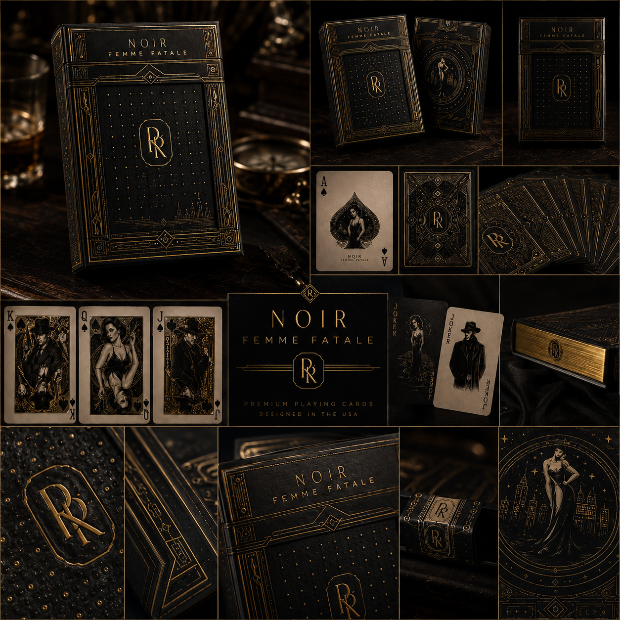 Noir Femme Fatale edition collage showing tuck box, card faces, and gilded details