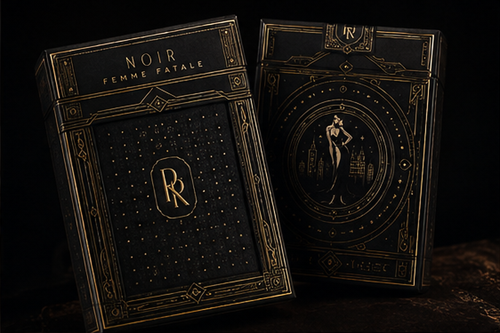 Noir Femme Fatale front and back tuck boxes in black and gold